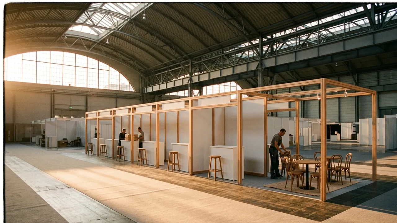 Weite Messehalle vor der Öffnung mit einem Gemeinschaftsstand aus mehreren kleinen, gleichartigen Kojen mit weißen Theken und Barhockern unter einem Holzrahmen, am Ende eine Besprechungsecke mit runden Tischen, zwei Helfer räumen auf, tiefstehendes goldenes Licht fällt durch die Hallenfenster