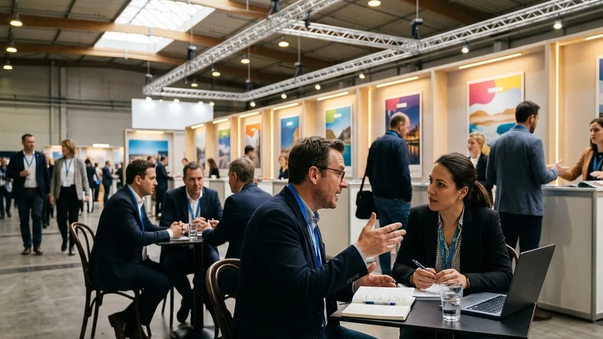 Zwei Geschäftsleute an einem kleinen Besprechungstisch auf einer Tourismus-Messe, Lanyards sichtbar, im Gespräch, Messehalle im weichen Hintergrund.