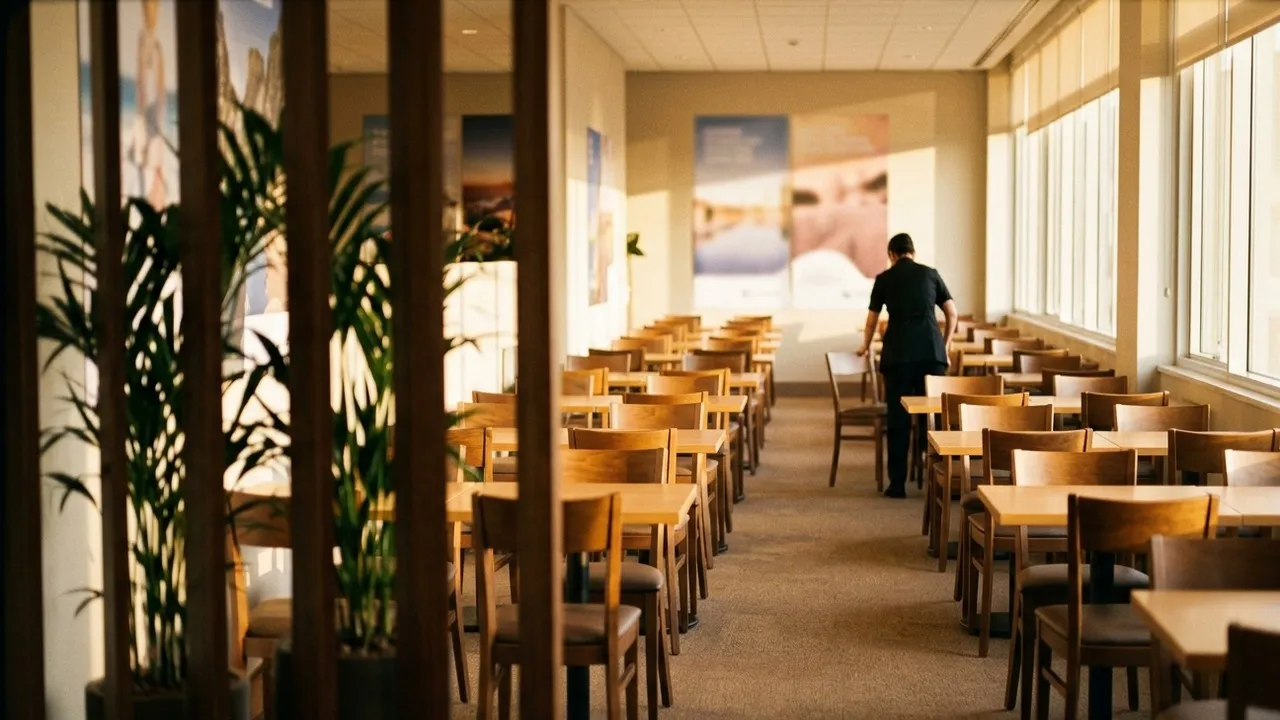 Hosted-Buyer-Meeting-Lounge am Ende des Messetags, Reihen von Zweiertischen in warmem Abendlicht, eine Servicekraft rückt einen Stuhl zurecht