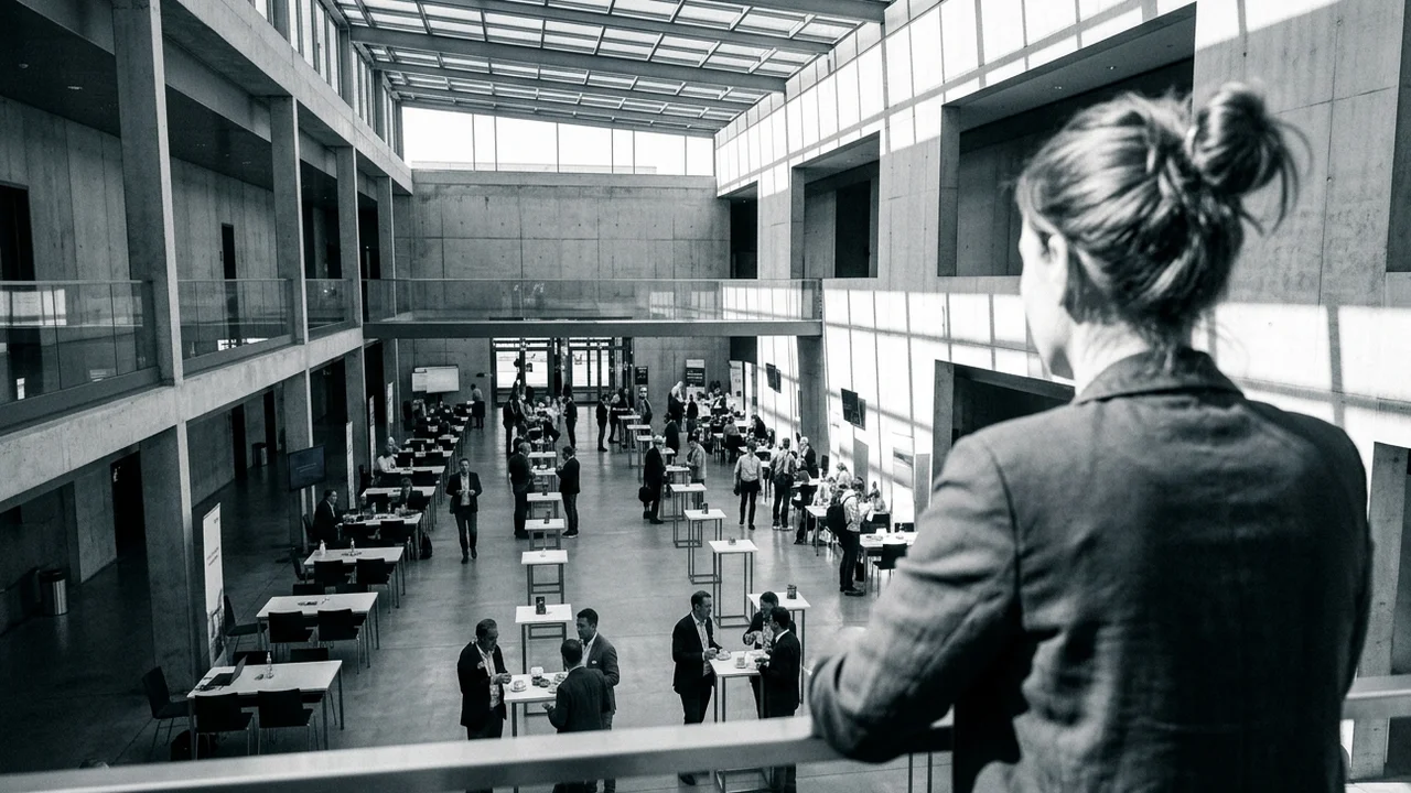 Over-the-shoulder view of a conference organiser at a mezzanine railing overlooking a busy startup conference floor with meeting tables below
