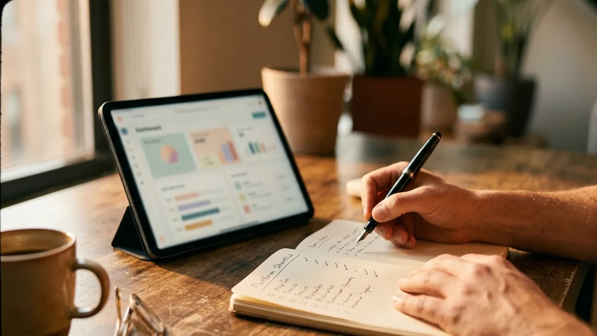 Close-up of an organiser's hands writing a platform shortlist in a notebook next to a tablet showing an out-of-focus dashboard, warm golden-hour light through a window.