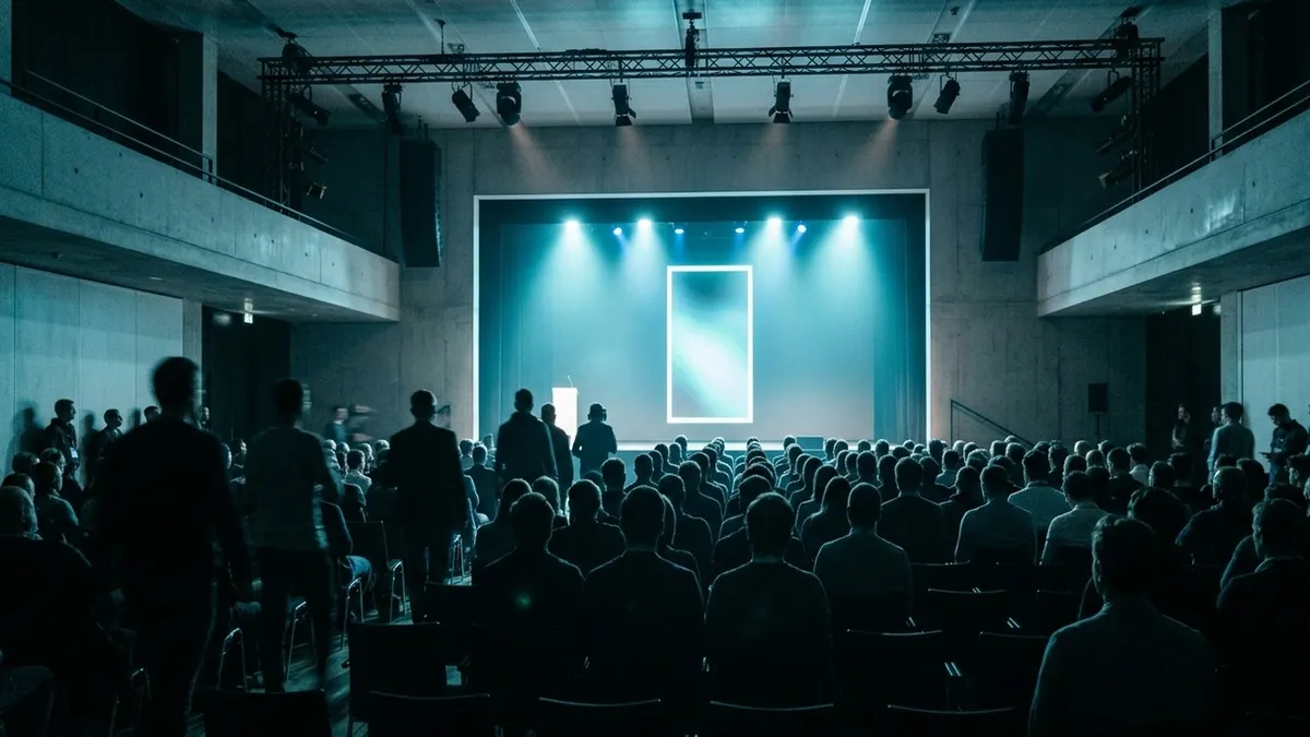 Audience silhouettes facing a cool-blue lit stage at a startup demo day, moments before the first pitch begins.