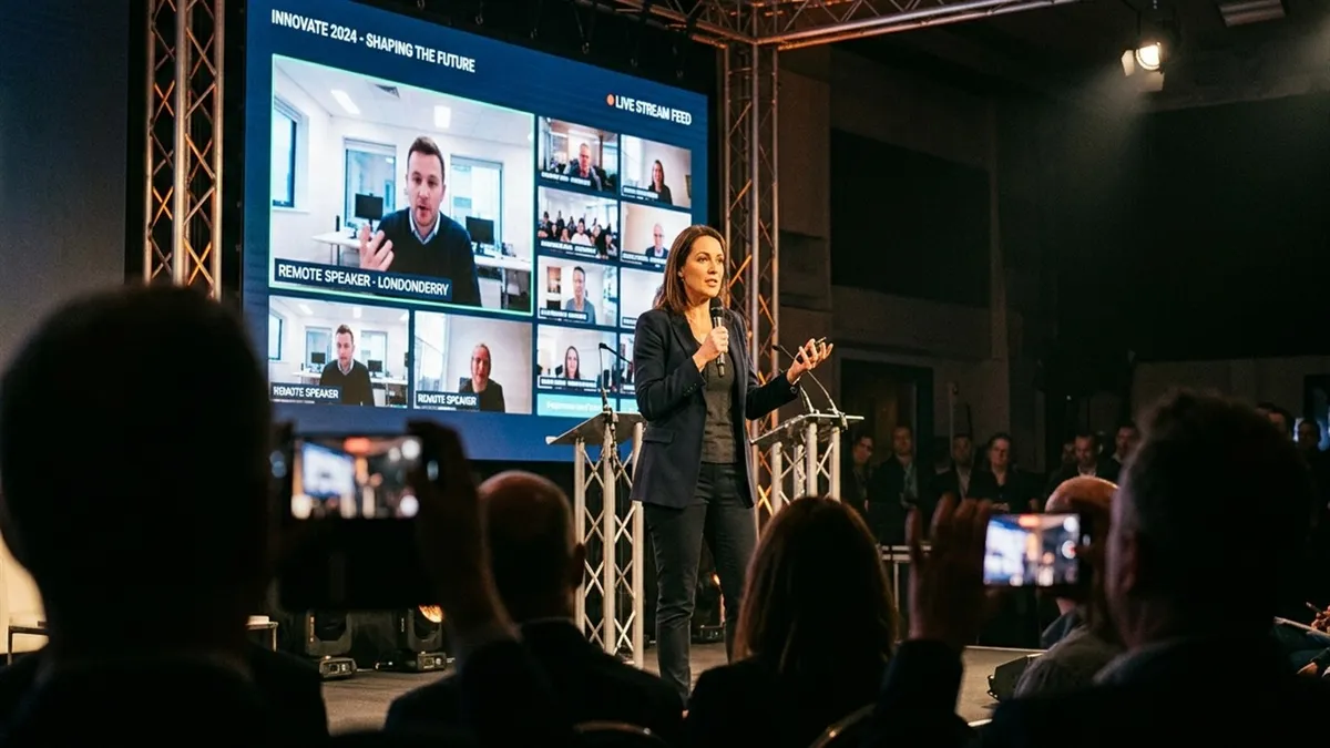 Speaker on stage at a B2B conference, with a livestream tile on the large screen behind, and audience members in the foreground holding up smartphones.