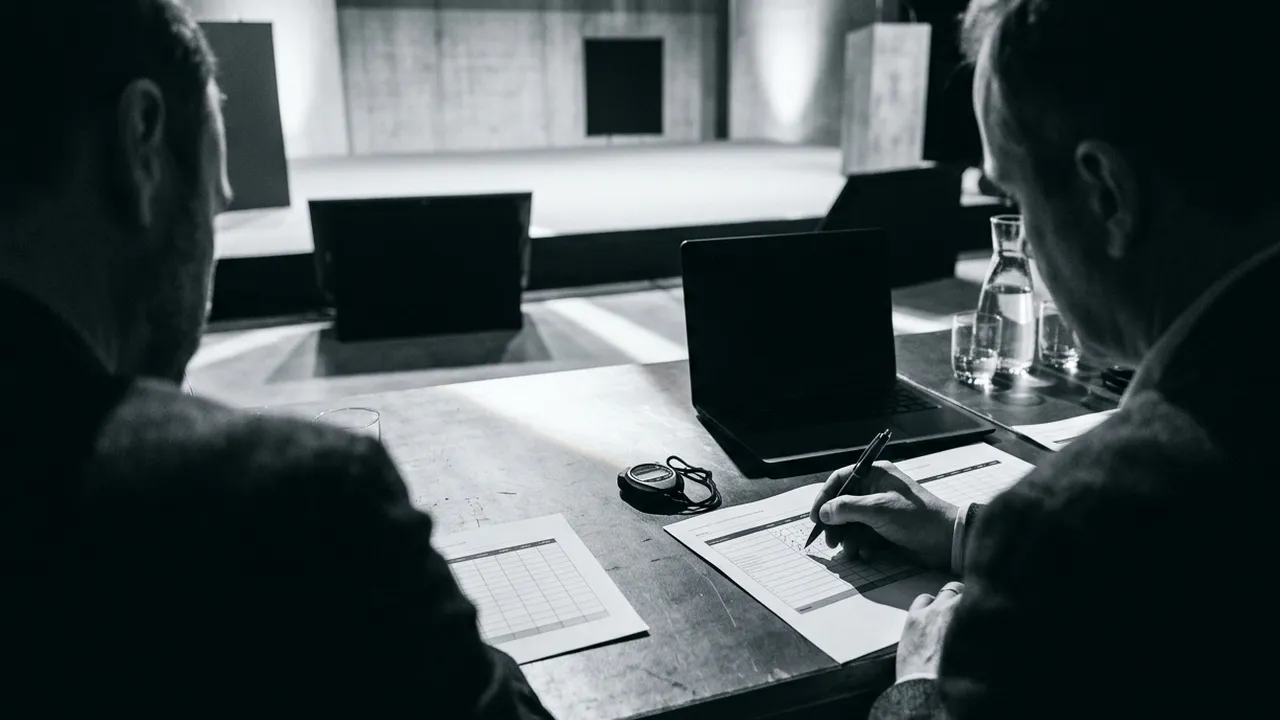 Over-the-shoulder view of two jurors at a pitch competition scoring table, one marking a printed scoring grid with a pen, with a stopwatch, an open laptop and the empty stage in the background