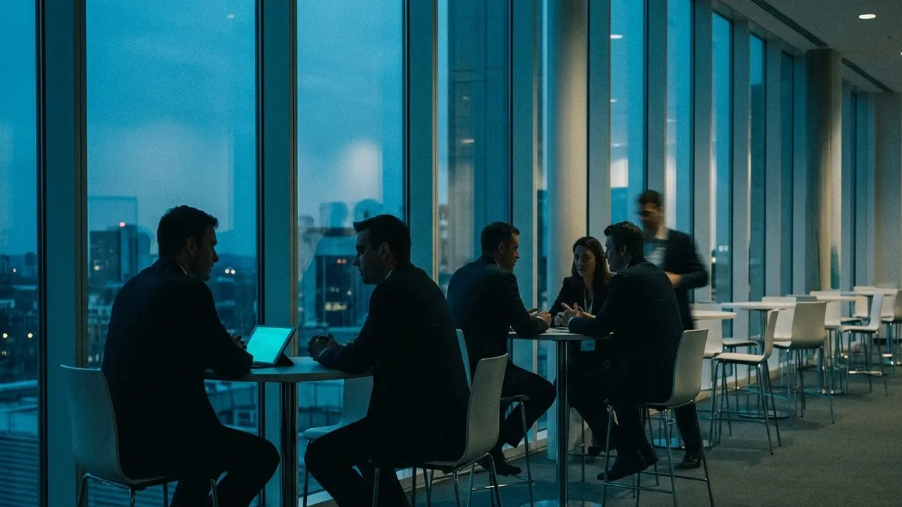 Silhouettes of pairs in one-to-one meetings at two-seat tables by floor-to-ceiling windows at blue dusk, with empty paired tables receding in the background