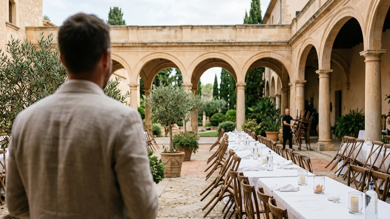 View over the shoulder of a host in a linen jacket into a sandstone courtyard with arched colonnades the morning after a gala dinner: long tables with white cloths and burned down candles, chairs pushed back, olive trees in pots and a staff member stacking chairs in the background
