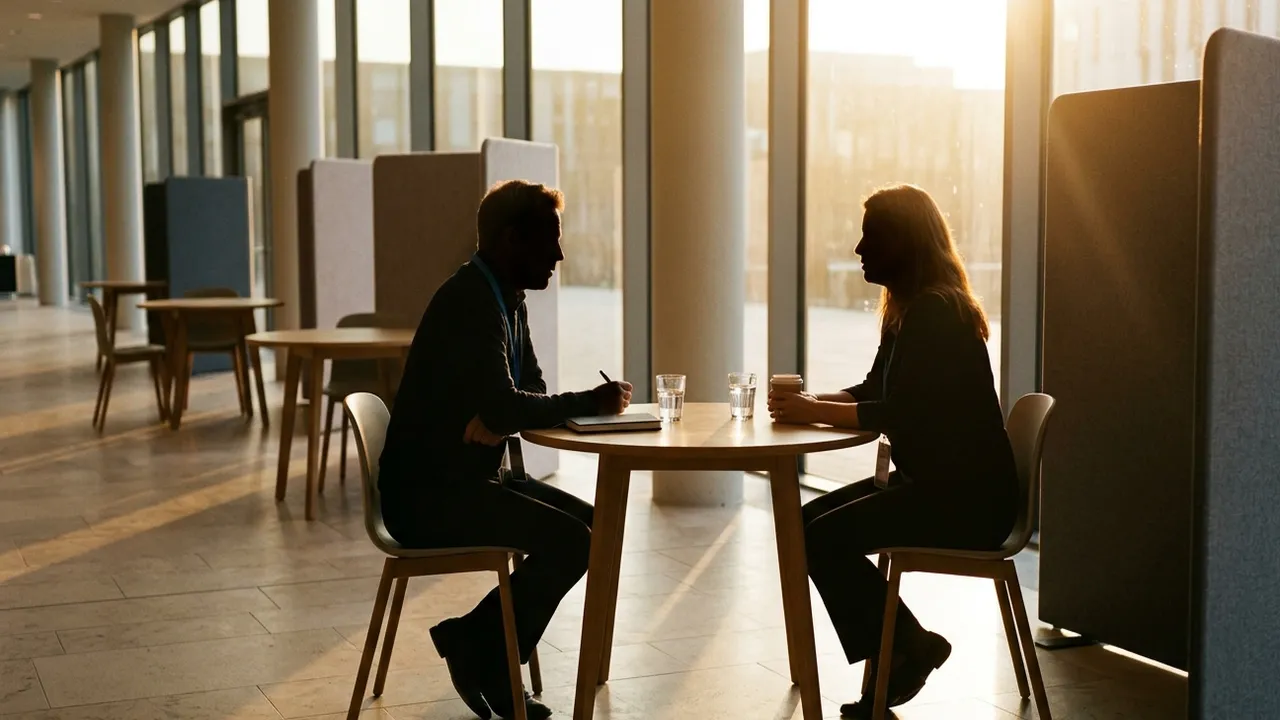 Two people in silhouette at a small round wooden table in a congress centre foyer, one holding a pen over a notebook, the other a coffee cup, glasses of water between them, grey fabric dividers and empty two-person tables around them, low golden sunlight through tall windows behind