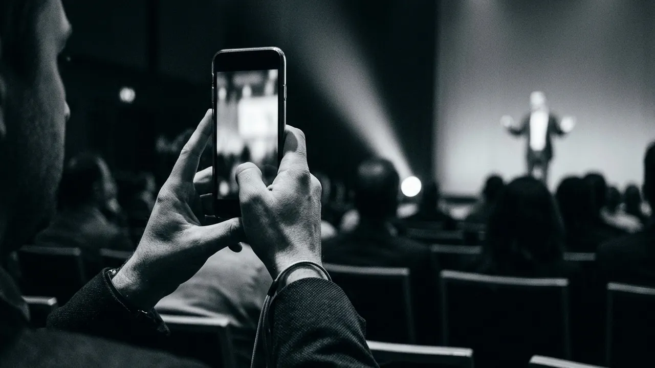 Schwarzweiße Nahaufnahme aus dem Publikum einer Konferenz: Zwei Hände halten ein Smartphone hochkant und filmen einen Redner auf einer hell angestrahlten Bühne, Display, Redner und die Sitzreihen im Hintergrund sind unscharf