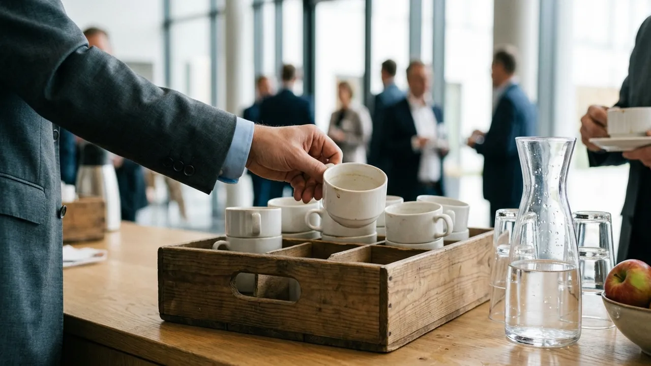 Nahaufnahme an einer Kaffeetheke: Eine Hand im grauen Sakkoärmel stellt eine benutzte Porzellantasse in eine Holzkiste mit Mehrwegtassen, daneben eine Glaskaraffe mit Wasser, Gläser und eine Schale Äpfel, im hellen Konferenzfoyer dahinter unscharf Teilnehmende