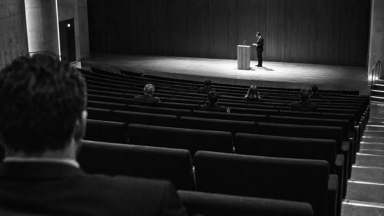 Schwarz-Weiß-Blick aus der letzten Reihe eines Auditoriums auf eine beleuchtete Bühne mit Pult und einem einzelnen Redner vor einem Kapitalmarkttag