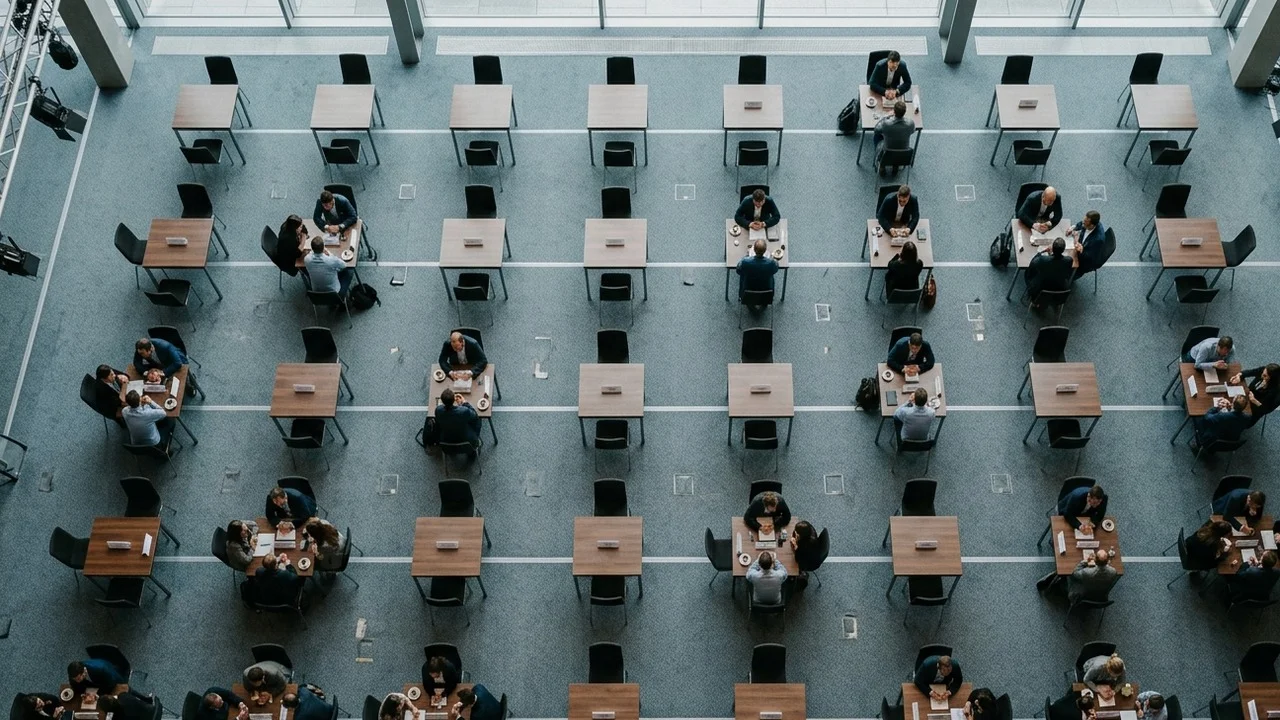 Top-down view of a conference meeting zone with rows of two-person tables, some occupied by pairs in conversation and some standing empty