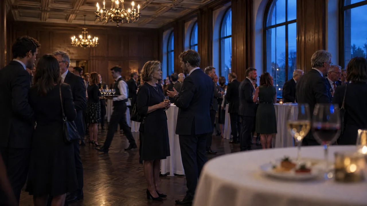 Evening reception in a wood-panelled hall with chandeliers and arched windows at dusk, guests talking in small groups beside cocktail tables