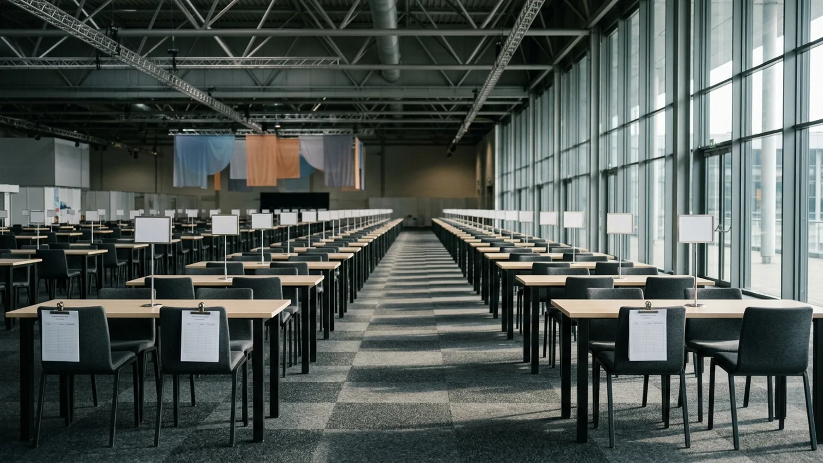 Rows of numbered two-seat meeting tables in a trade show hall before the doors open, printed appointment sheets clipped to each table, morning light through the hall roof