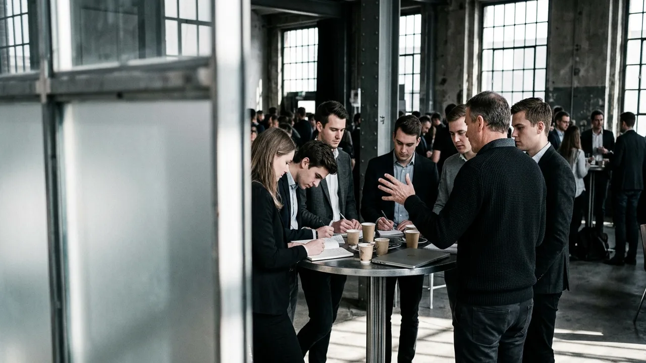 A mentor in a dark sweater, seen from behind, explains something with an open hand to six young founders taking notes around a tall table in a sunlit converted industrial hall at a startup conference, framed through a frosted glass partition, in muted, almost monochrome tones