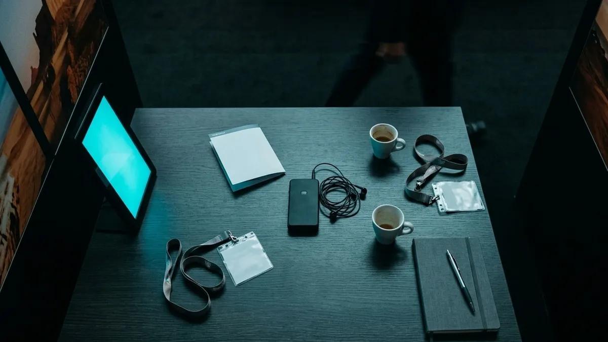 Top-down view of a meeting table between two slots: printed schedule card, interpretation receiver with earbuds, espresso cups and lanyards in cool evening light.