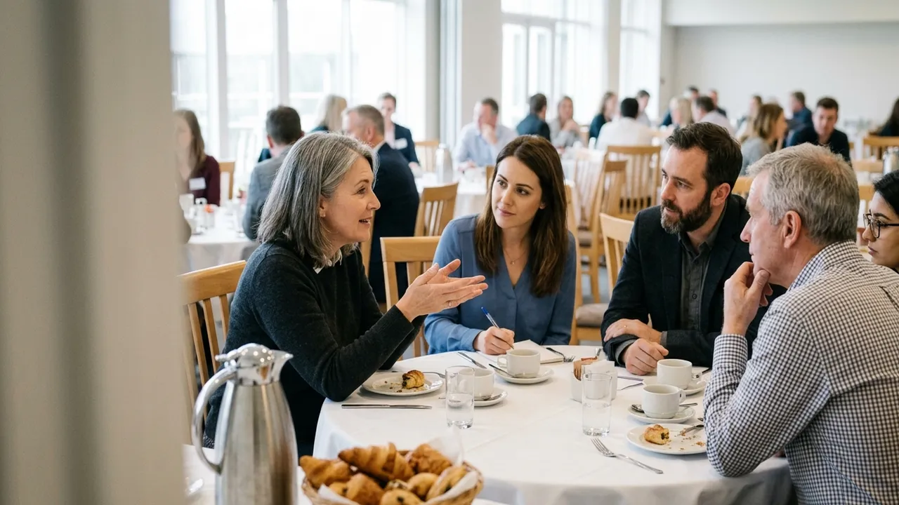 Five business owners in conversation around a round breakfast table with coffee cups and pastries, seen past a steel coffee pot and a basket of croissants, other guests at tables in a bright function room behind them