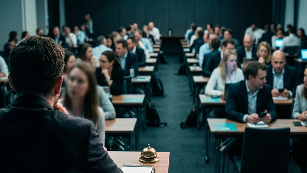 Speed networking session with rows of two-person tables and a rotation bell in the foreground