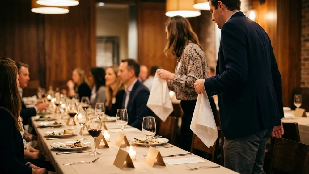 Guests changing seats between courses at an evening networking dinner with blank place cards on the table