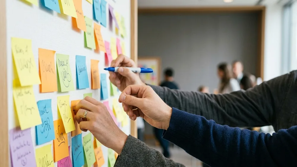 Hands pinning colourful sticky notes to a topic wall during a silent networking hour