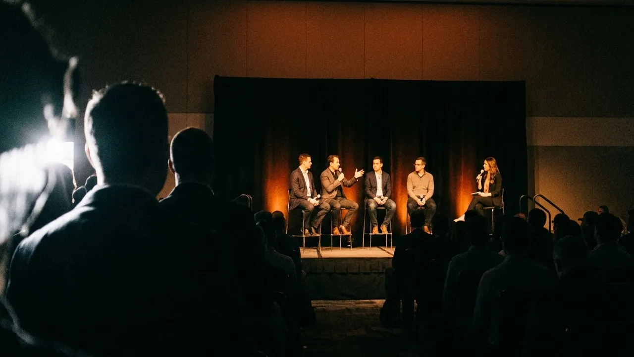 Dark conference hall seen from the side of the audience: silhouetted heads in the foreground, one lit by a harsh flash, face a low stage where four panellists sit on high stools in front of a black curtain glowing orange, one of them gesturing as he speaks into a microphone, while a moderator with cards and a microphone sits at the right end