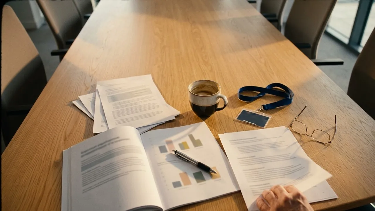 High angle view of a wooden conference table in an emptied meeting room after an event, with loose printed report pages, an open report booklet with simple coloured bar charts and a pen, a coffee cup, a blue lanyard with a blank badge and reading glasses, while a hand slides one page aside in warm low evening sunlight