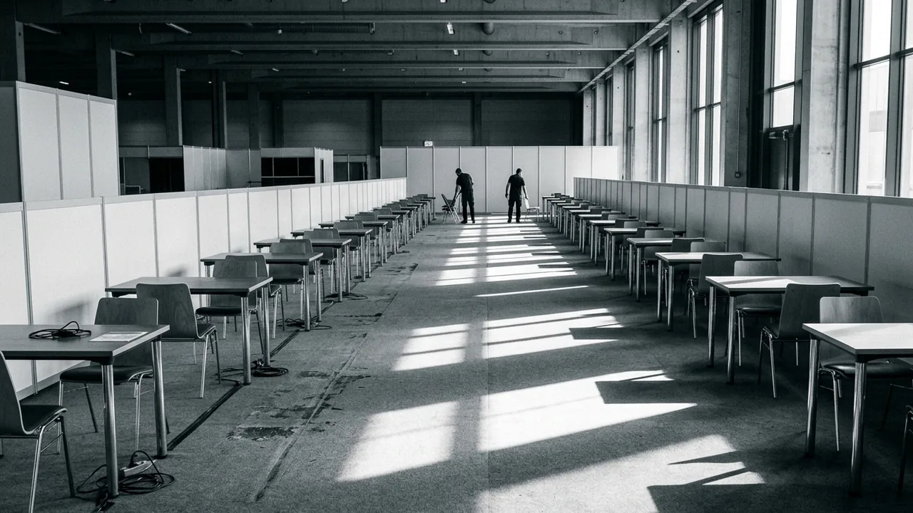 Weite Aufnahme einer sich leerenden Messehalle nach Veranstaltungsende, zwei lange Reihen identischer Zweiertische mit ungleich eingeschobenen Stühlen, harte Mittagslichtstreifen auf dem Teppich, am Ende des Gangs klappen zwei Mitarbeiter Stühle zusammen, fast monochrom