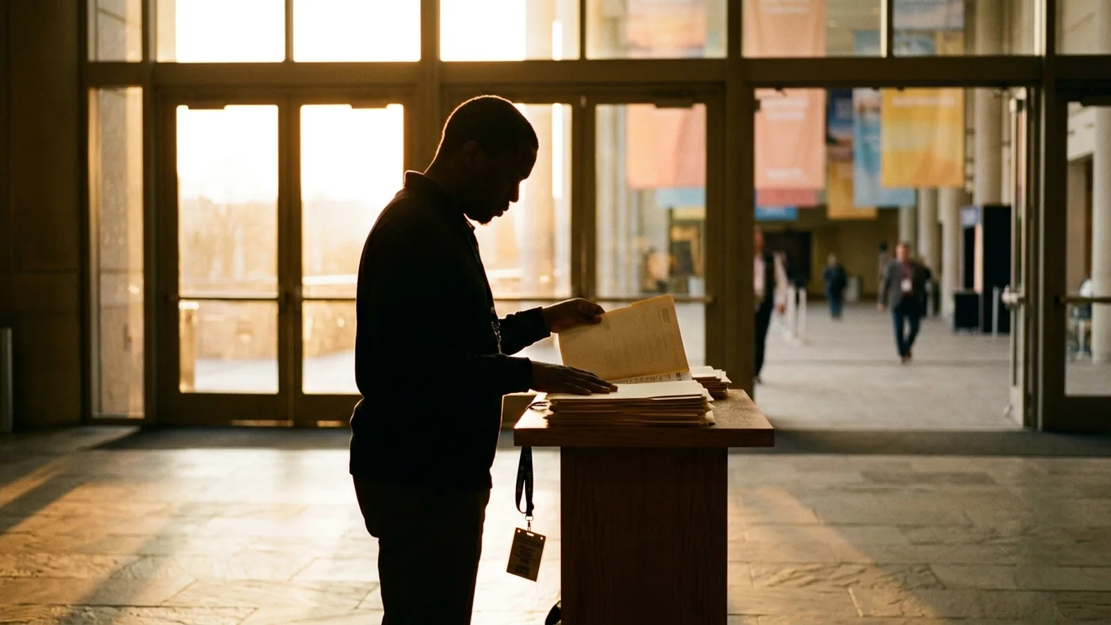 Accreditation staff member in silhouette at a tall counter early in the morning, lifting one sheet out of a thick stack of buyer application folders, bright glazed hall entrance behind