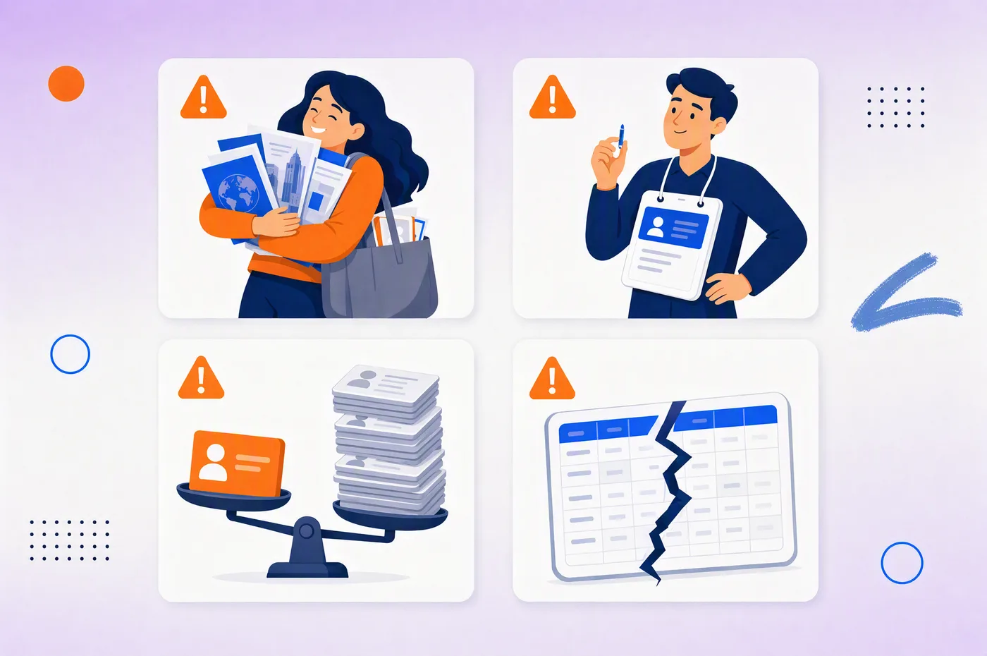 The four failure modes of hosted buyer vetting as vignettes: a brochure collector with a full tote bag, an oversized badge with a tiny signing pen, a scale tipping toward a stack of thin profiles instead of one strong one, and a cracked spreadsheet