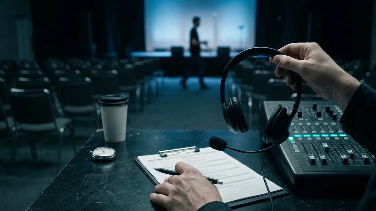 Close-up at a production desk in a dark, empty conference hall before doors open: one hand holds a pen over a clipboard with a printed schedule, the other lifts a black headset with a boom microphone next to a mixing console with cyan lights, while a technician crosses the blue-lit stage in the background