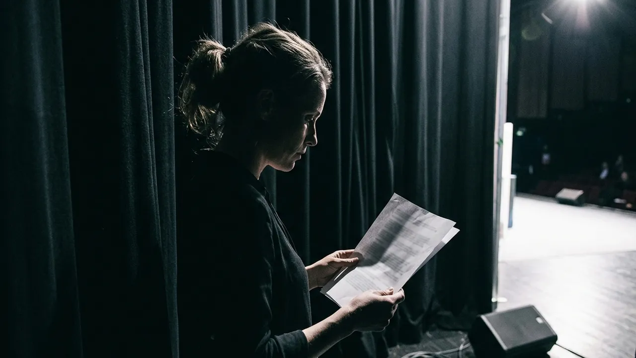 Black and white backstage shot: a conference speaker in profile stands beside a heavy black curtain and reads a few printed pages, with hard stage light spilling in from the side and a monitor speaker on the stage floor