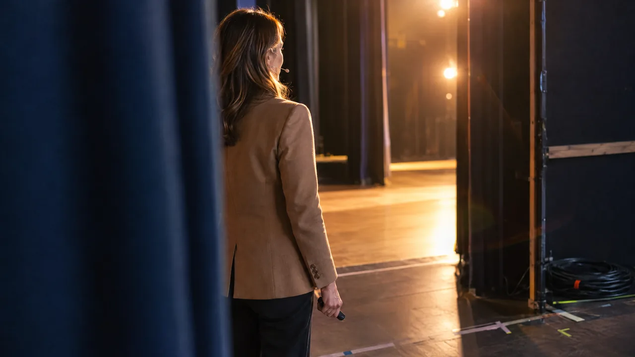 Seen past a navy stage curtain: a speaker in a camel blazer waits in the backstage wing with a clicker in her hand, looking towards the warmly lit stage