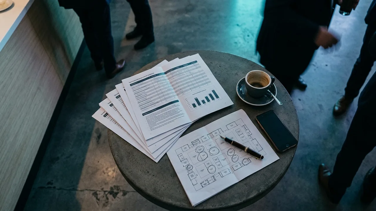 Fanned-out printed sponsorship prospectus showing a comparison table and a bar chart on a round venue table, beside an exhibition floor plan with stand areas circled in pencil, a fountain pen and an espresso, photographed from above during an event break