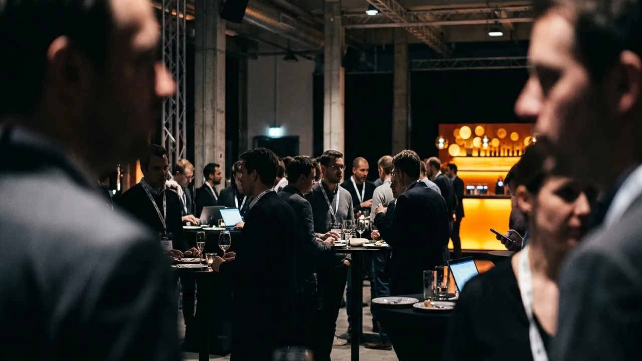 Evening networking reception at a startup conference, seen through out-of-focus foreground figures: groups with lanyards at stand-up tables in a dark industrial hall, a bar glowing warm orange in the background.