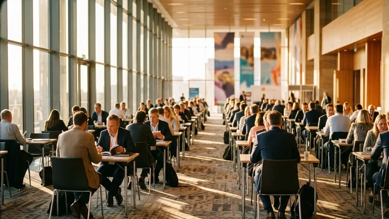 Weite Ansicht einer voll besetzten Meeting-Zone auf einer Tourismusmesse: lange Reihen von Zweiertischen mit Buyer-Seller-Paaren im Gespräch, goldenes Nachmittagslicht durch die Glasfassade
