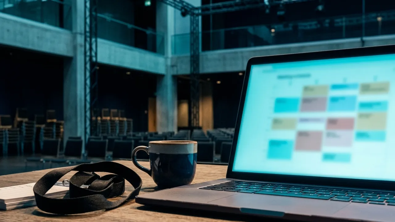Laptop on a table at the edge of an empty conference hall in the evening, its screen showing a blurred meeting schedule grid, beside a coiled lanyard and a coffee cup