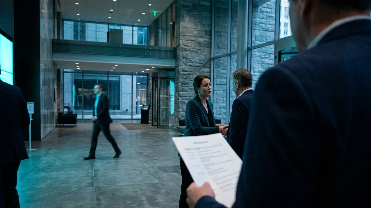 A delegation member holding a printed meeting schedule watches the host greet his colleague in the lobby of a partner organisation abroad