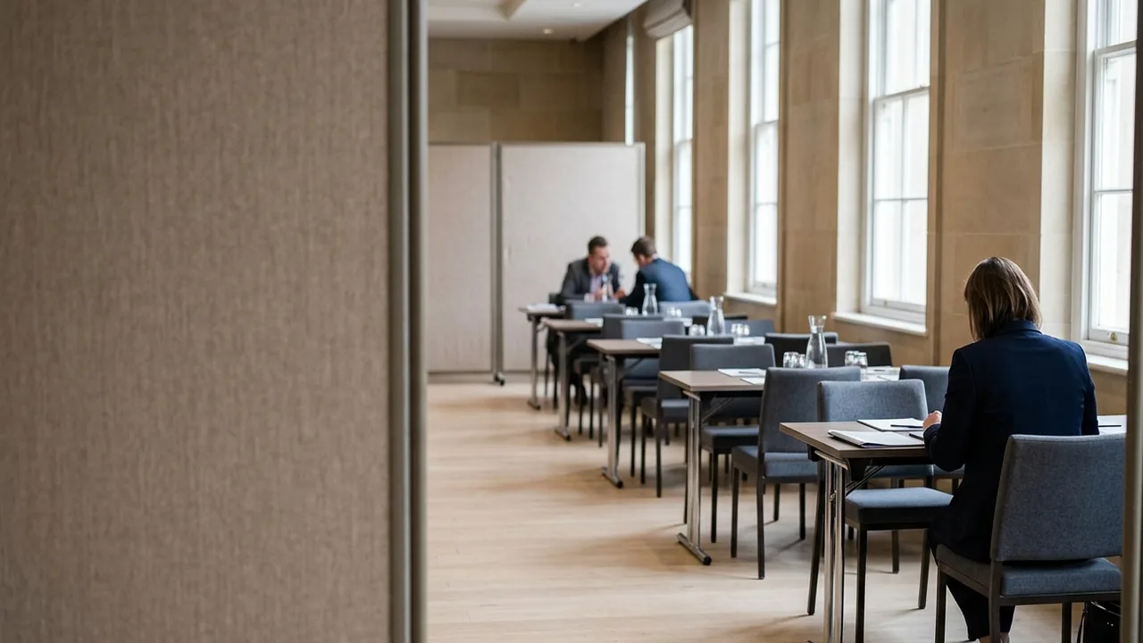 A row of small two-person meeting tables in a bright hotel function room seen past the blurred edge of a fabric partition, with one supplier sitting alone at the nearest table opposite an empty chair and a single occupied table further down the row