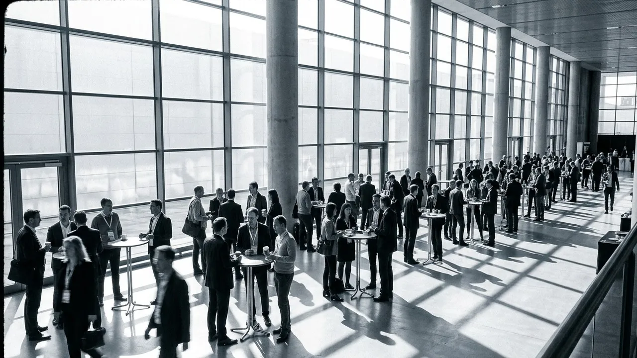 Black and white wide shot from a balcony over a large conference foyer with a glass facade and concrete columns: dozens of attendees with lanyards stand in small groups at tall tables during a coffee break, with hard sunlight casting window shadows across the floor