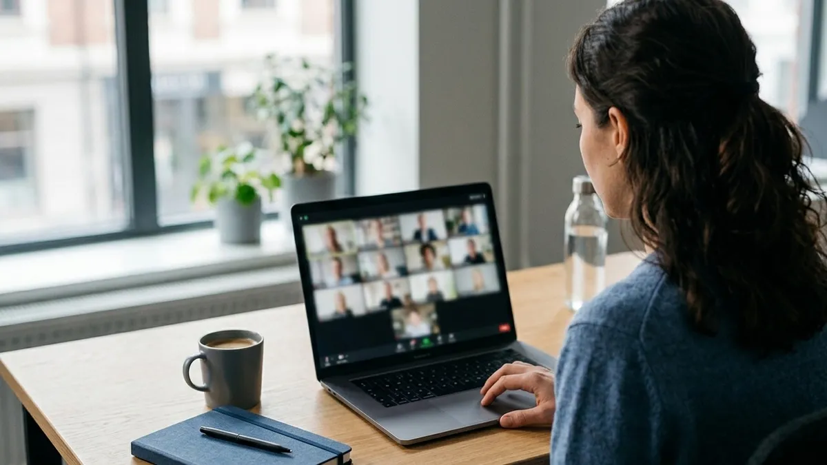 Professional in a virtual networking event, seen over the shoulder at a laptop with a video call grid
