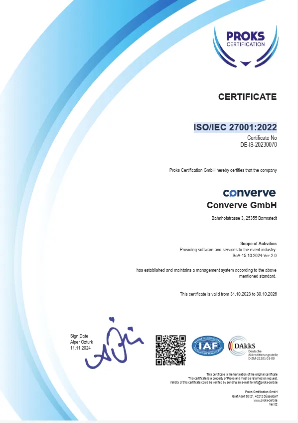 ISO 27001:2022-Zertifikat von Converve.