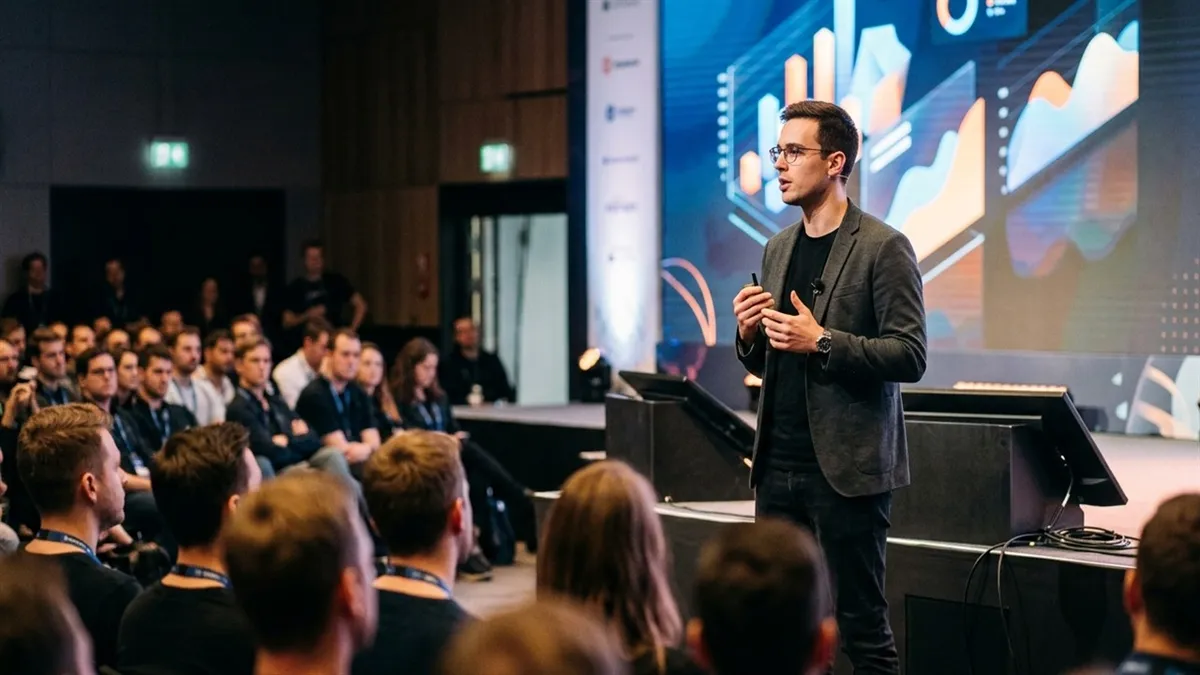 Startup founder on a pitch stage at a demo day, presentation slide screen behind, investor audience in the foreground.