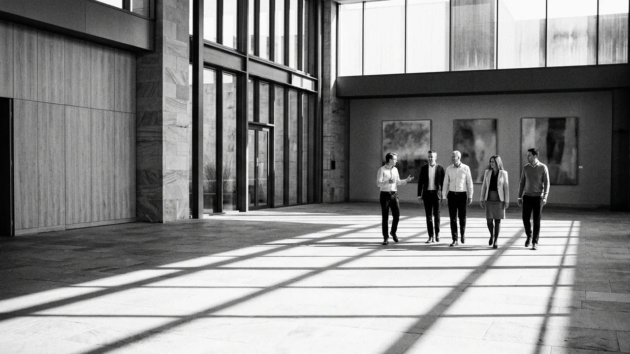 A wide, almost empty stone-floored hotel foyer in high-contrast black and white, with hard midday sunlight throwing long shadow bars across the floor and a small group of five people in business clothing walking together across the far side of the space, one of them half-turned back towards the others