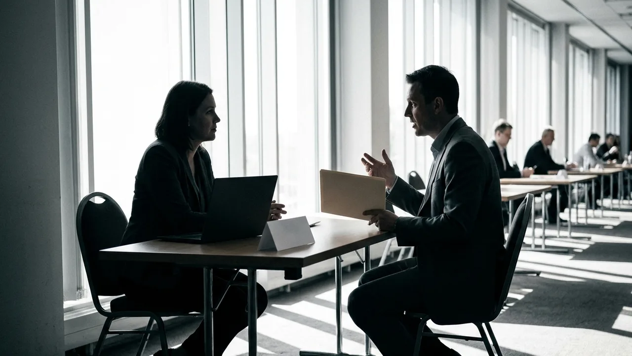 Near monochrome side view against tall bright windows: a woman in a dark blazer sits behind a small table with an open laptop and a blank table card while a man in a suit jacket holding a folder explains something to her, with more pairs of people in meetings at a row of tables in the background and hard sunlight casting window shadows on the carpet