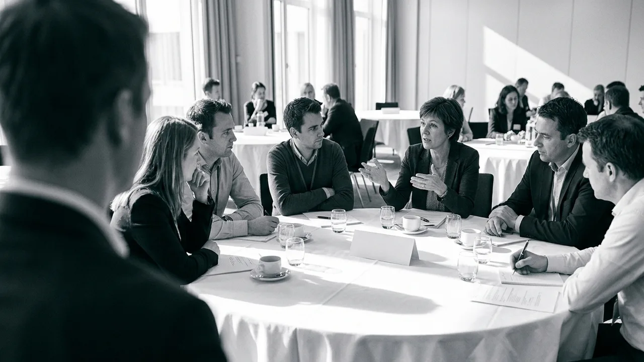 Black and white photo taken over the shoulder of a moderator: six conference participants sit around a round table with a white tablecloth, a woman in a dark blazer speaks with an open hand gesture while the others listen and one man takes notes, with more round tables in the bright hall behind