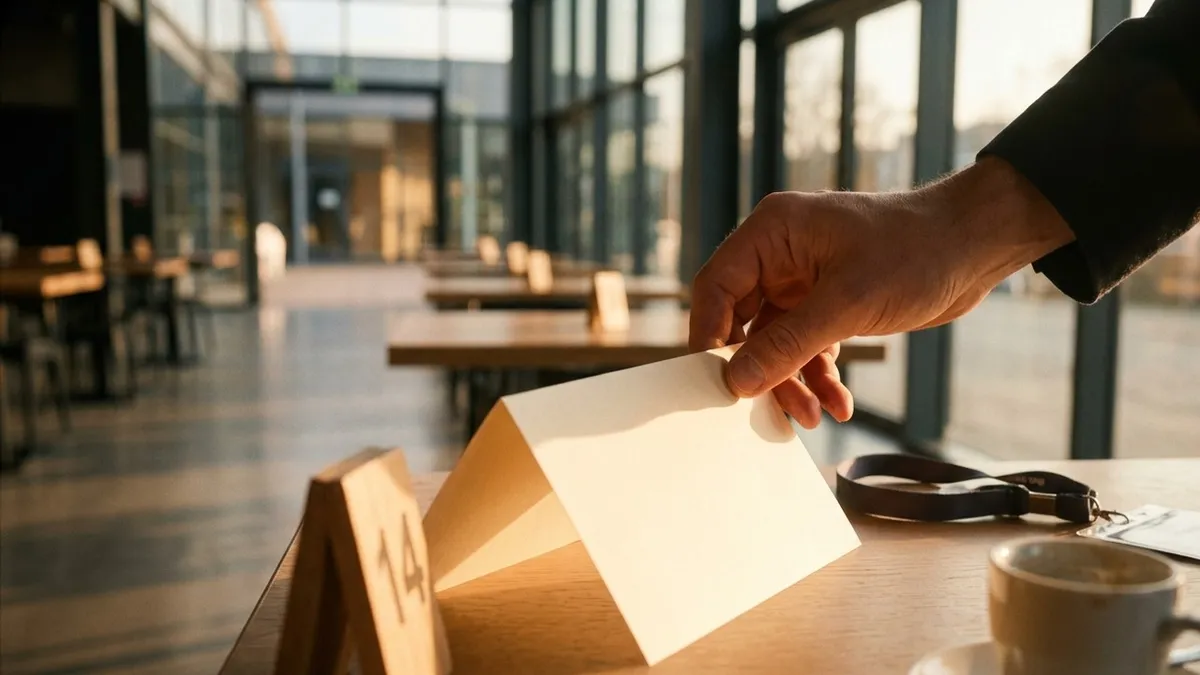 Close-up in the morning light of a glass foyer: a hand places a folded schedule card on a numbered meeting table, with a lanyard and coffee cup beside it.