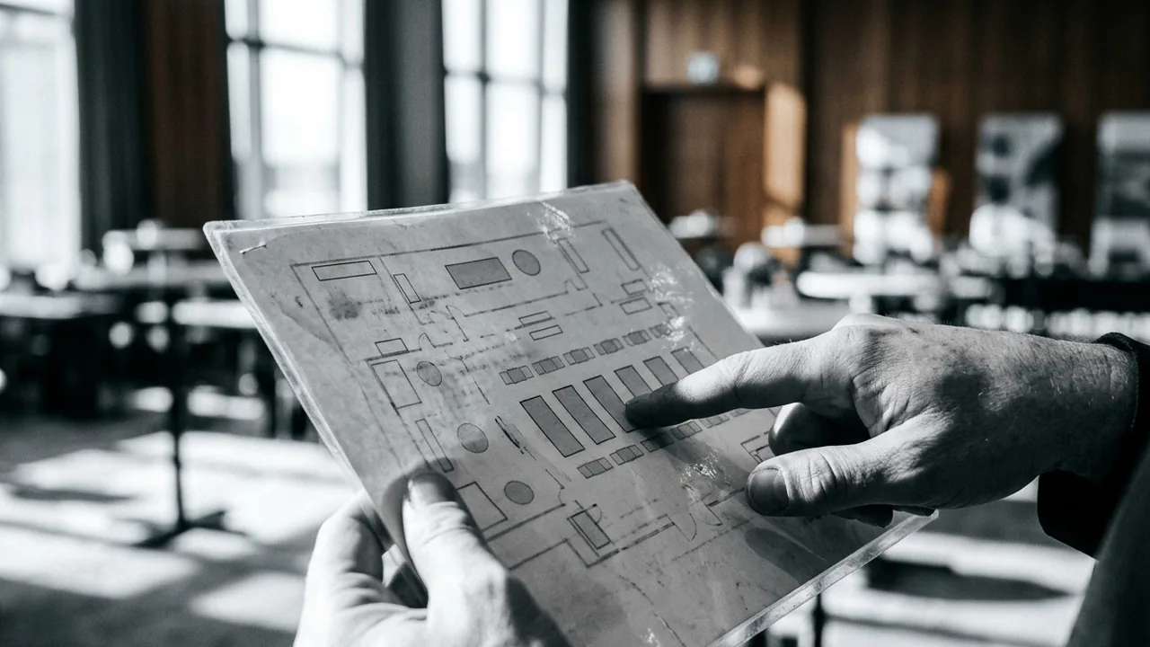 Close-up of a hotel event manager's hands holding a laminated venue floor plan, one finger tracing table positions, rows of bistro tables blurred in the bright ballroom behind