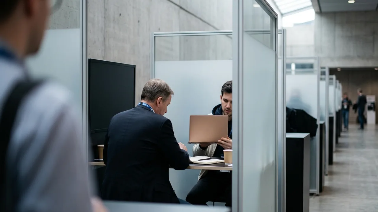 Seen past a blurred visitor in the foreground, a glass-walled meeting booth at a conference in a concrete hall, where an older executive in a dark blazer and lanyard sits with his back half to the camera across a narrow table from a younger man in a hoodie who is angling an open laptop towards him, with a notebook and two paper cups between them