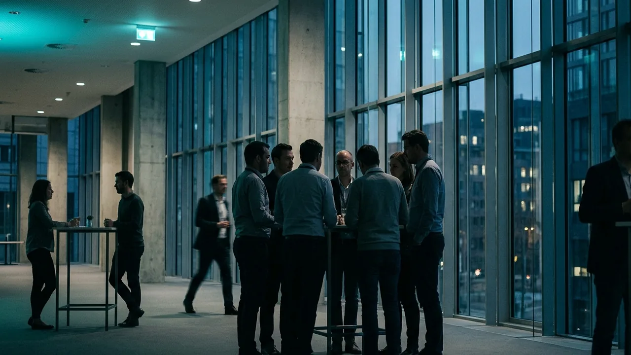 A conference foyer at dusk seen along a glass curtain wall, with a tight group of six people in smart casual clothing standing shoulder to shoulder around one high table in the centre of the frame, two people spaced far apart at a second table on the left, a single figure standing alone by the glass on the right and one person walking past in motion blur