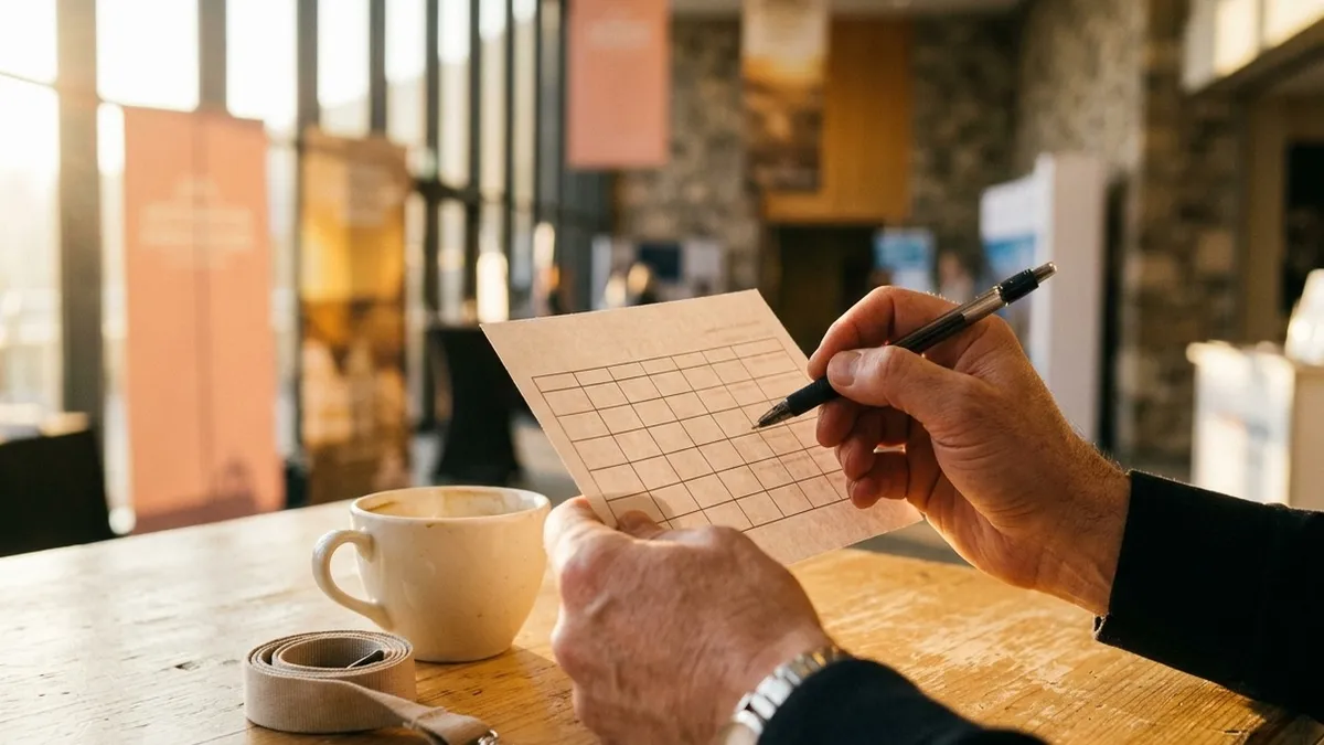 Hands of an organiser marking a printed meeting schedule at a tourism trade show in warm morning light