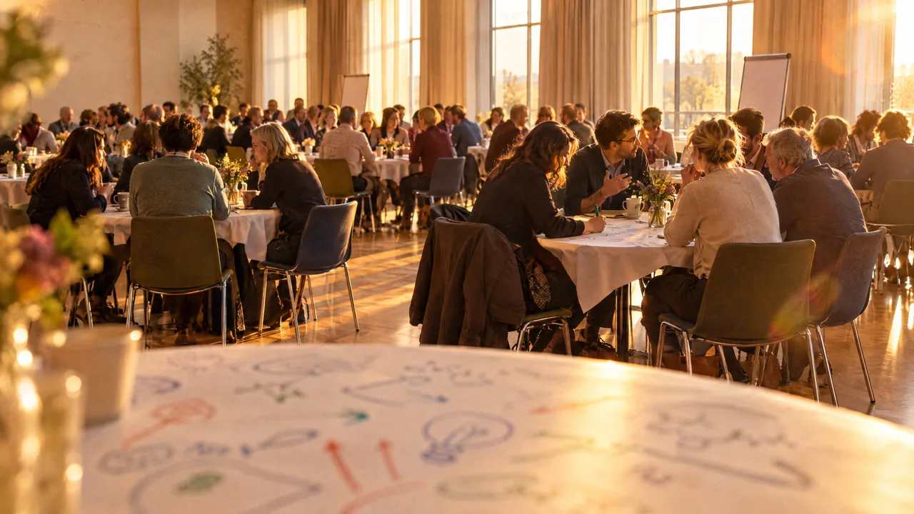 World café in a sunlit function room, small groups talking at round tables, a paper tablecloth with sketches in the blurred foreground